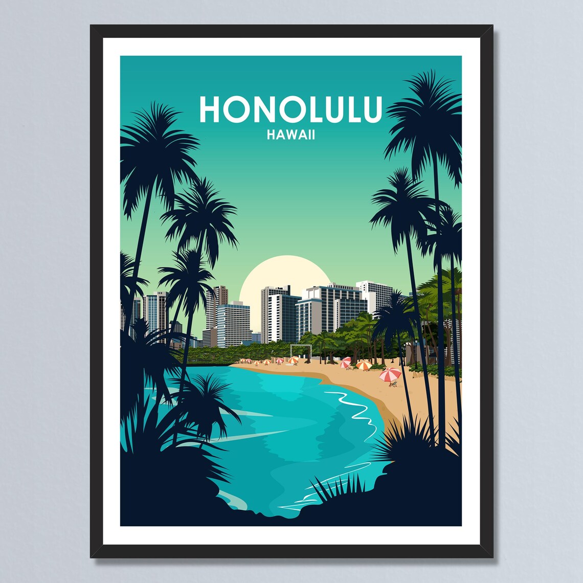 Honolulu Hawaii Waikiki Beach Palms Skyline Sunset Travel Poster