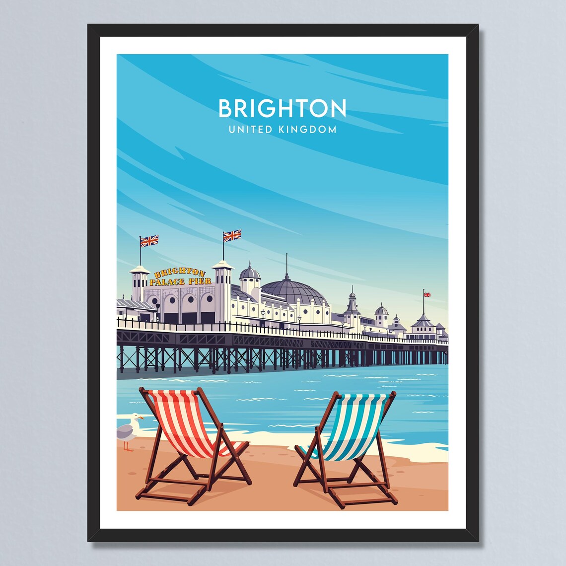 Brighton England Palace Pier Beach Chairs Retro Travel Poster