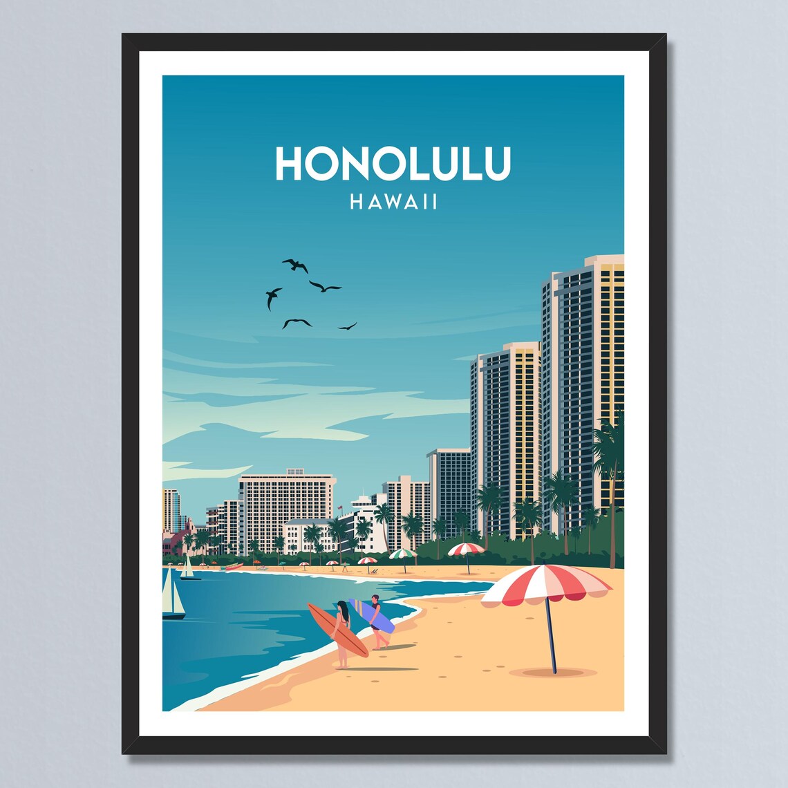 Honolulu Hawaii Waikiki Beach Surfers Tropical Sunset Poster