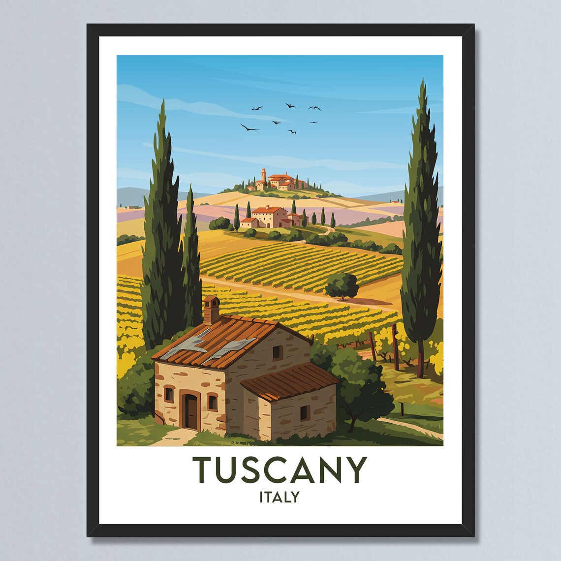 Tuscany Italy Cypress Trees Vineyard Villa Golden Fields Travel Poster