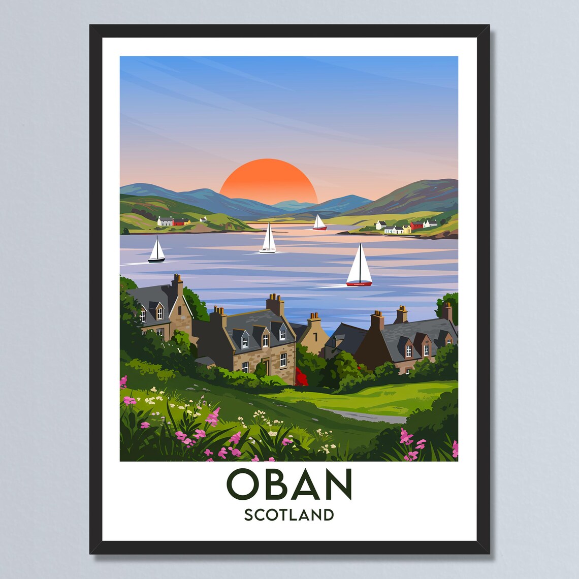 Oban Scotland Sunset Harbor Sailboats Coastal Village Travel Poster