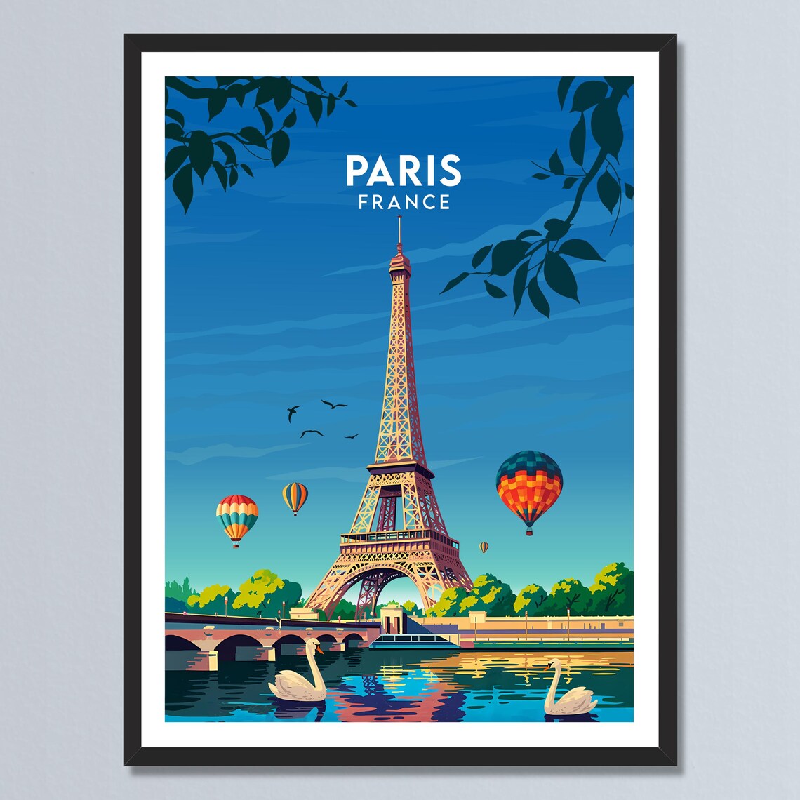 Paris France Eiffel Tower Hot Air Balloons River Swans Poster