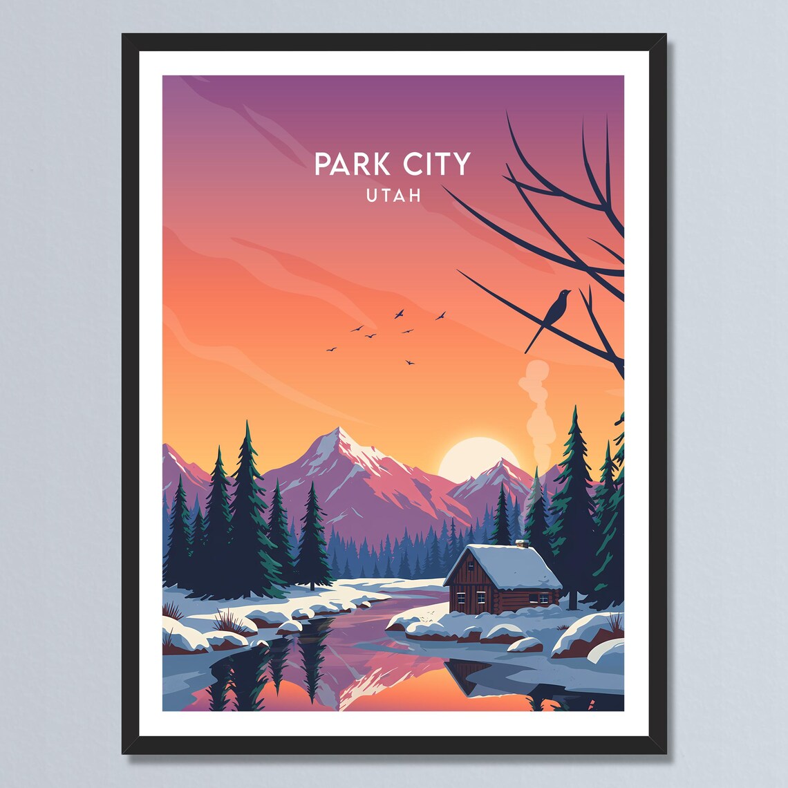 Park City Utah Winter Cabin Pink Sunset Snowy Peaks River Poster