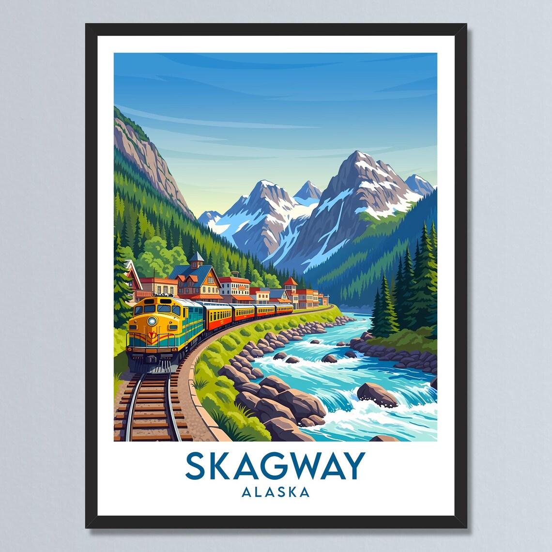 Skagway Alaska Diesel Train by River Waterfront Town Skyline Poster