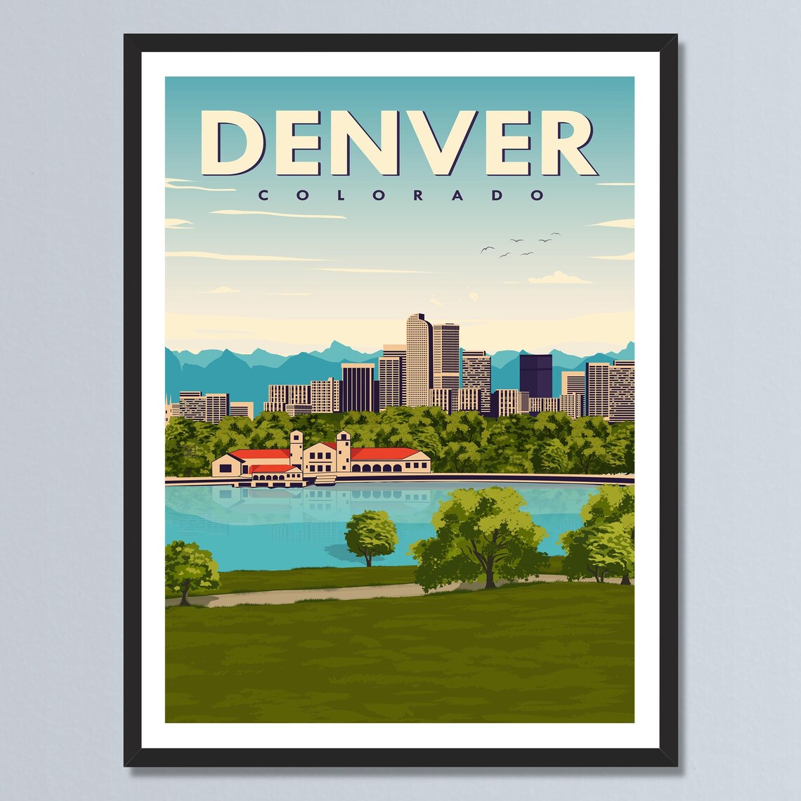 Denver Colorado Mountain Skyline Lakeside Retro Travel Poster