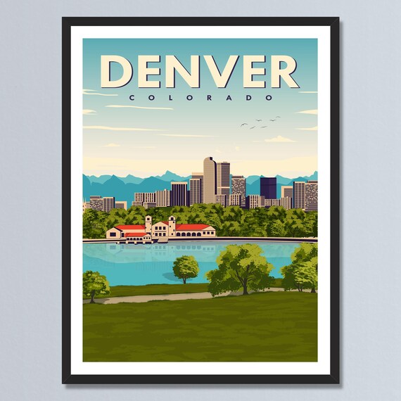 Denver Colorado Mountain Skyline Lakeside Retro Travel Poster