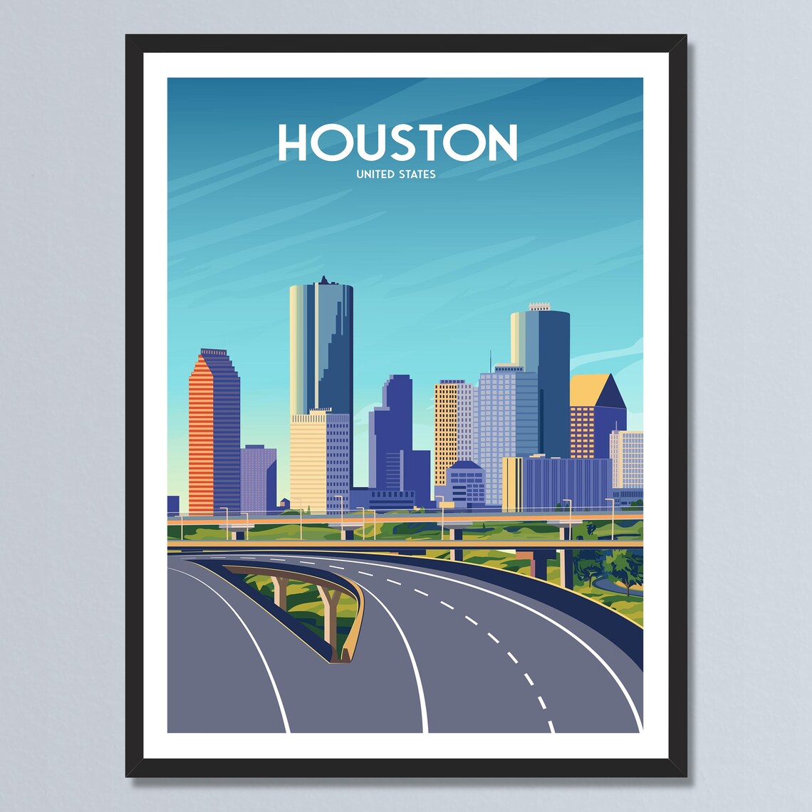 Houston Texas Downtown Highway Overpass Skyline Travel Poster