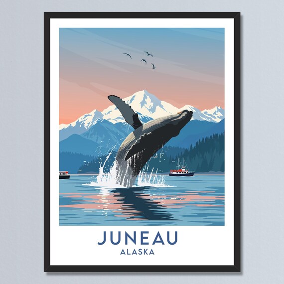 Juneau Alaska Travel Poster Breaching Humpback Whale Illustration Mountain Wall Art Personalized Print Home Decor Gift