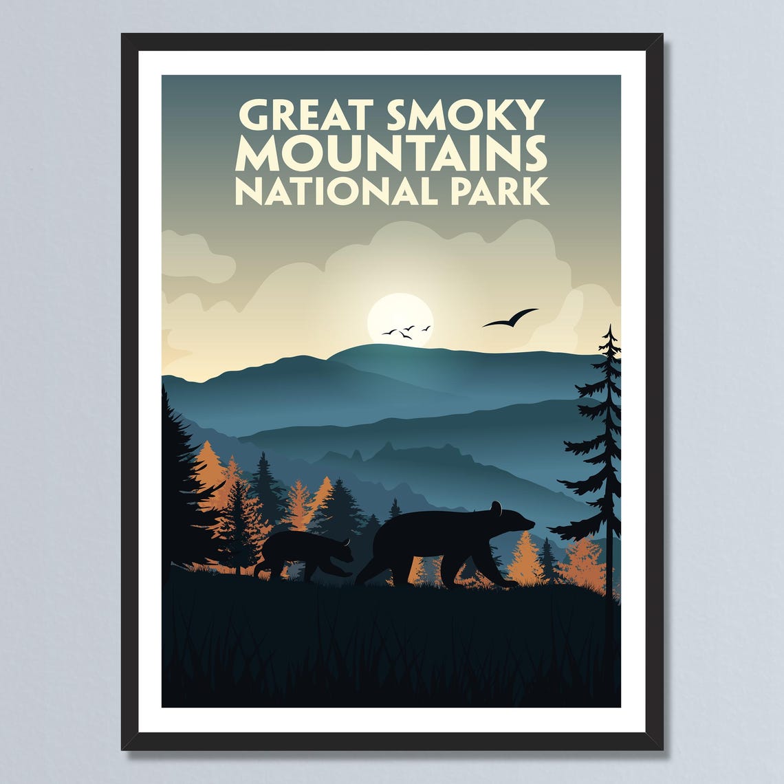 Great Smoky Mountains Black Bears Sunset Retro Travel Poster