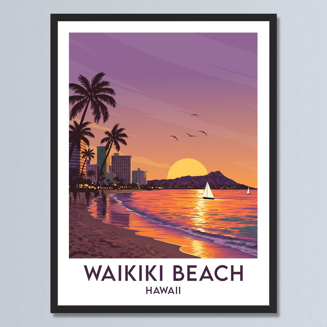 Waikiki Beach Hawaii Sunset Surf Palms Diamond Head Crater Poster