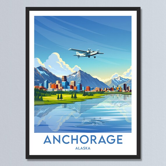 Anchorage Alaska Mountain Skyline Seaplane Retro Travel Poster