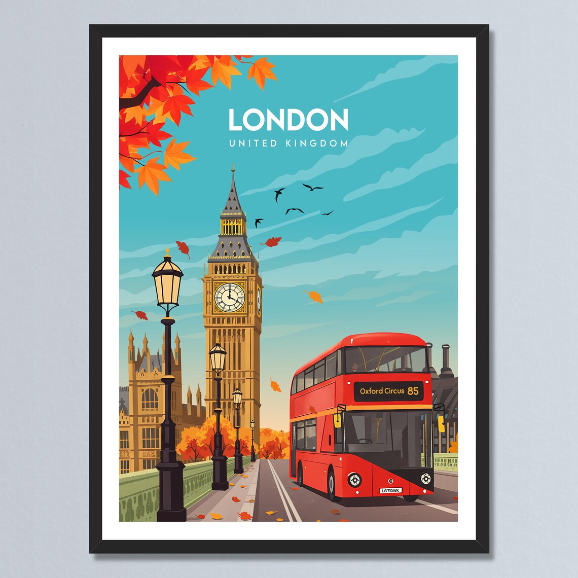 London United Kingdom Big Ben Westminster Red Bus Autumn Poster