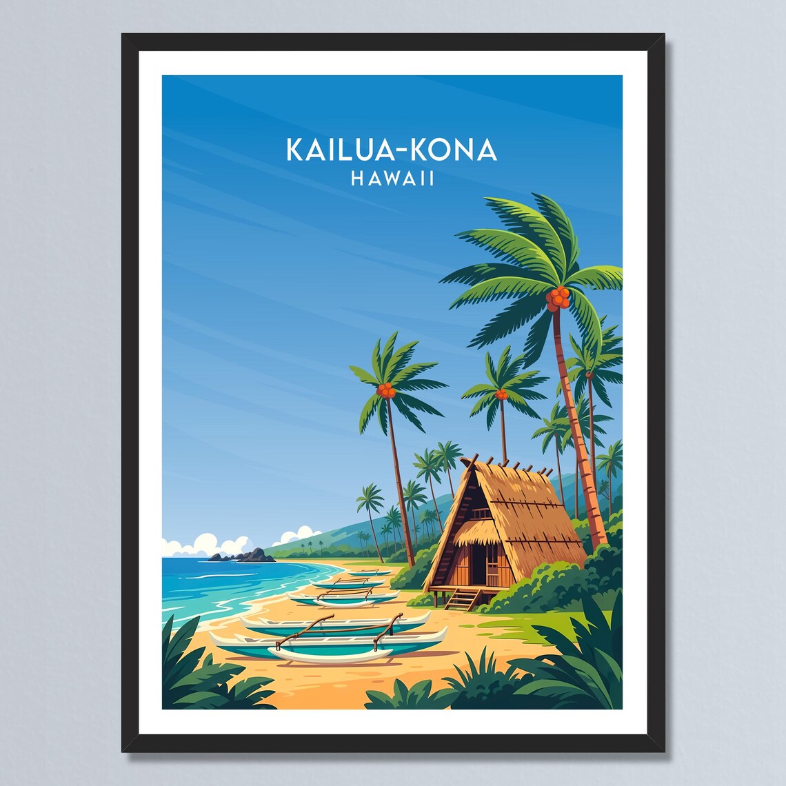 Kailua Kona Hawaii Thatched Hut Outrigger Canoes Beach Retro Poster