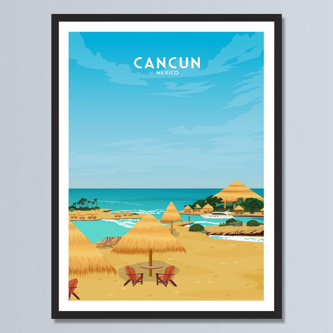Cancun Mexico Travel Poster Art Print Landscape Beach Mexican Coastal Home Decor Personalized Gift