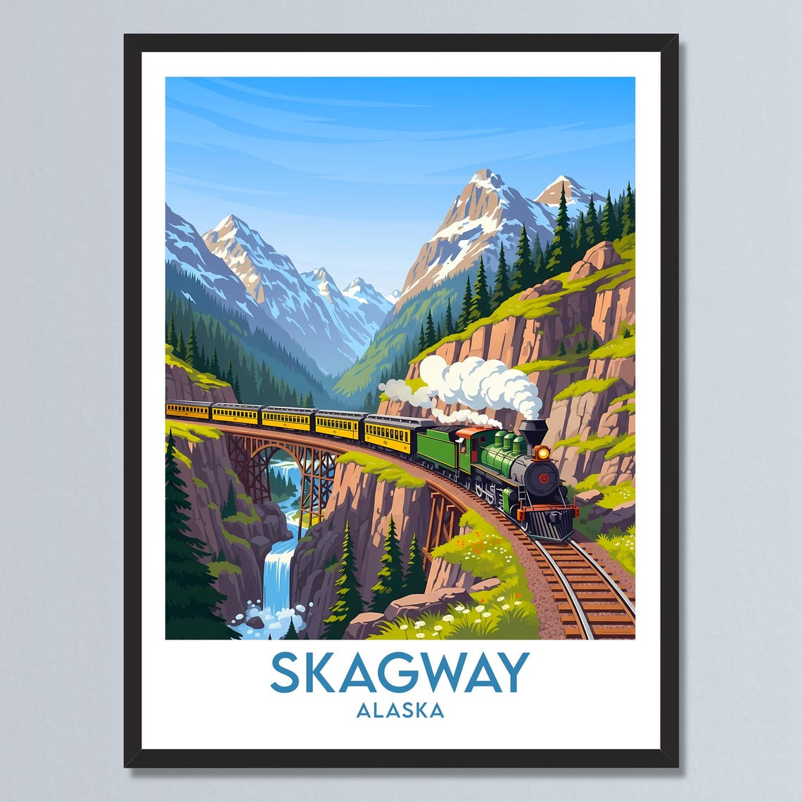 Skagway Alaska Steam Train Crossing Trestle Bridge Mountain Poster