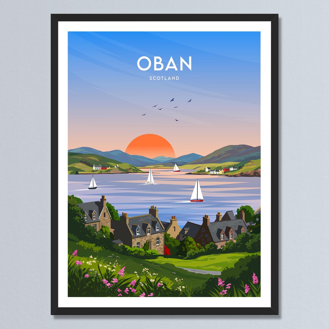 Oban Scotland Bay Sunset Sailboats Stone Cottages Coast Travel Poster