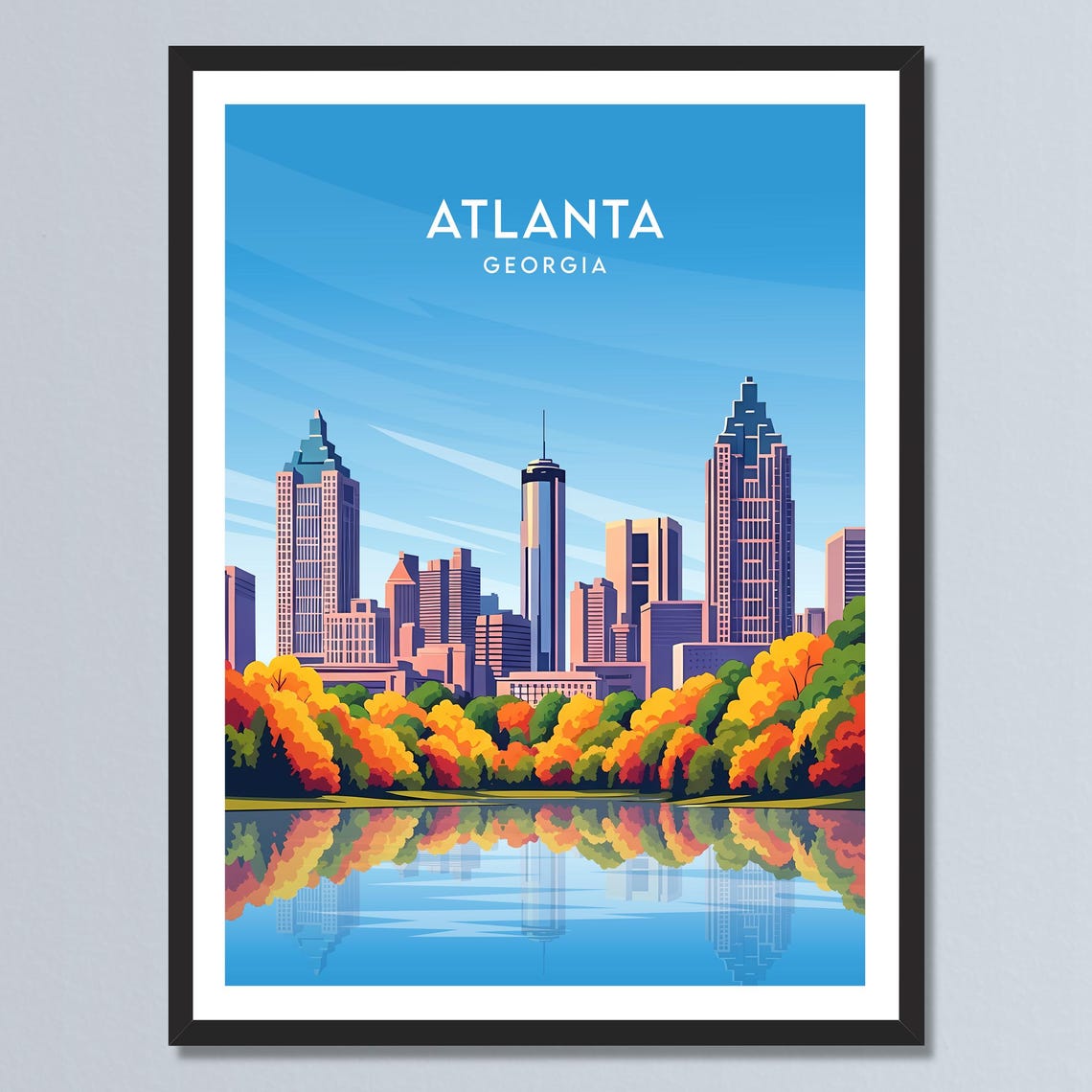 Atlanta Georgia Autumn Skyline Lake Reflection Travel Poster