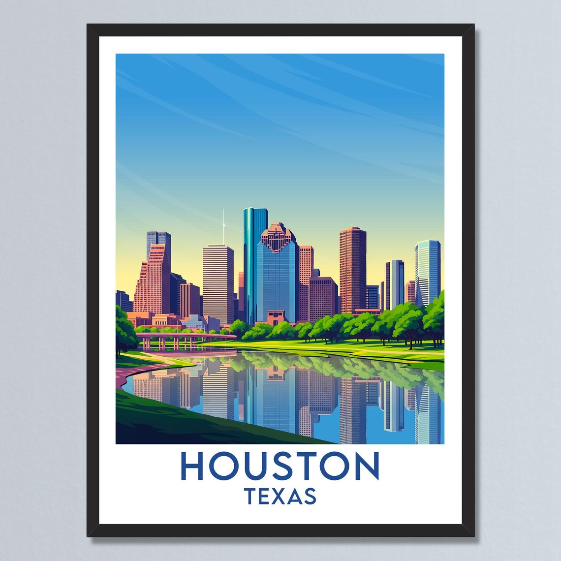 Houston Texas City Skyline Water Reflection Park Green Space Poster