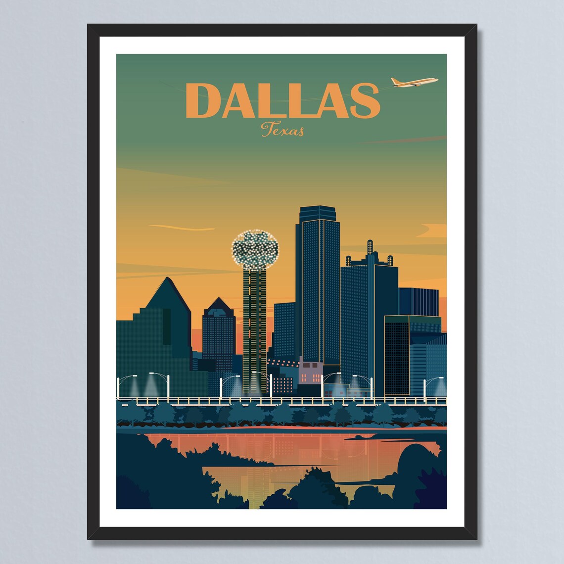 Dallas Texas Sunset Skyline Reunion Tower Retro Travel Poster