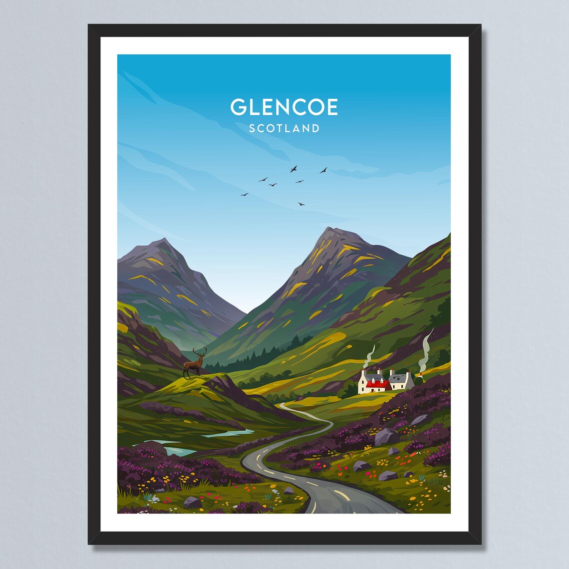 Glencoe Scotland Highland Valley Stag Cottage Mountain Travel Poster