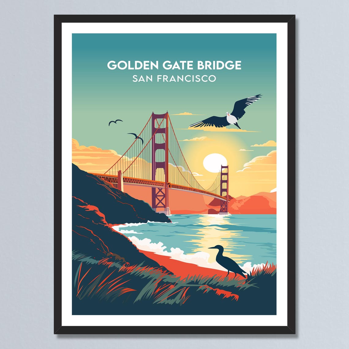 Golden Gate Bridge San Francisco Sunset Seagulls Retro Travel Poster