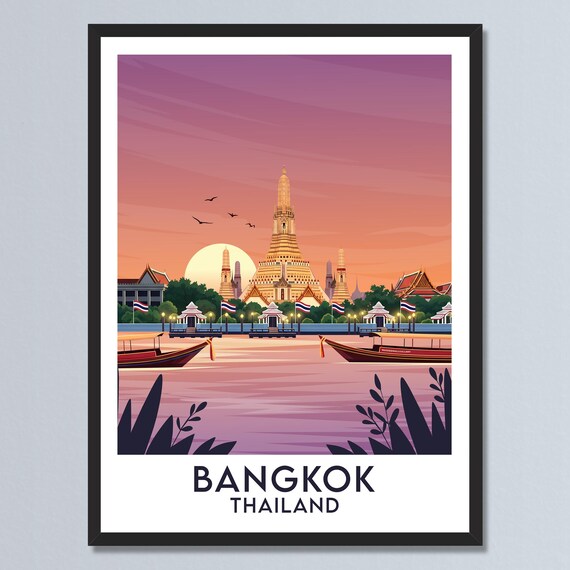 Bangkok Thailand Wat Arun Riverside Temple Sunset Travel Poster