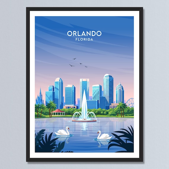 Orlando Florida Skyline Lake Fountain with Swans Travel Poster