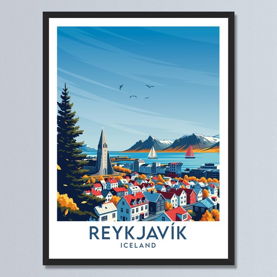 Reykjavik Iceland Waterfront Skyline Autumn Retro Travel Poster