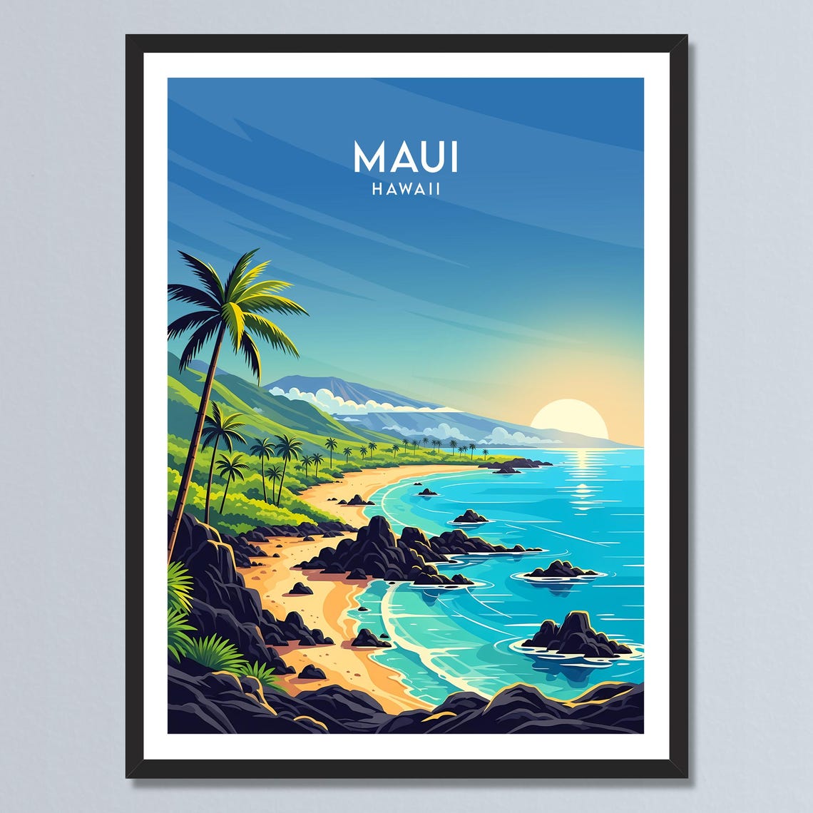 Maui Hawaii Tropical Beach Sunset Palm Trees Lava Rock Shore Poster