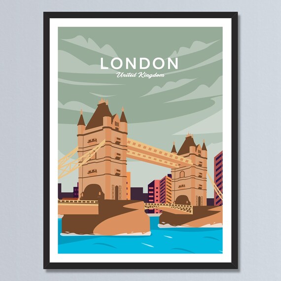 London Tower Bridge Thames River England Vintage Retro Travel Poster