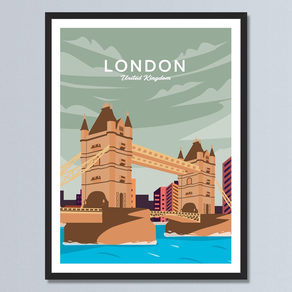 London Tower Bridge Thames River England Vintage Retro Travel Poster