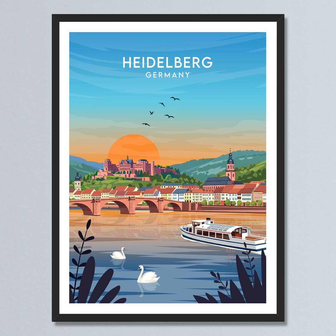 Heidelberg Germany Old Bridge Castle Sunset Vintage Travel Poster