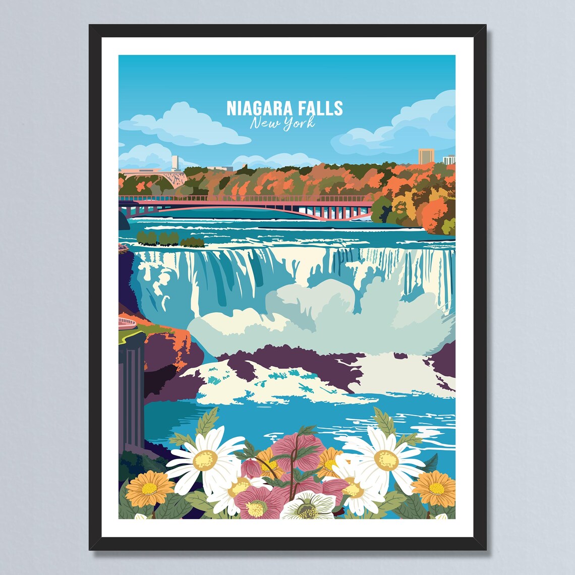 Niagara Falls New York Autumn Floral Waterfall Travel Poster