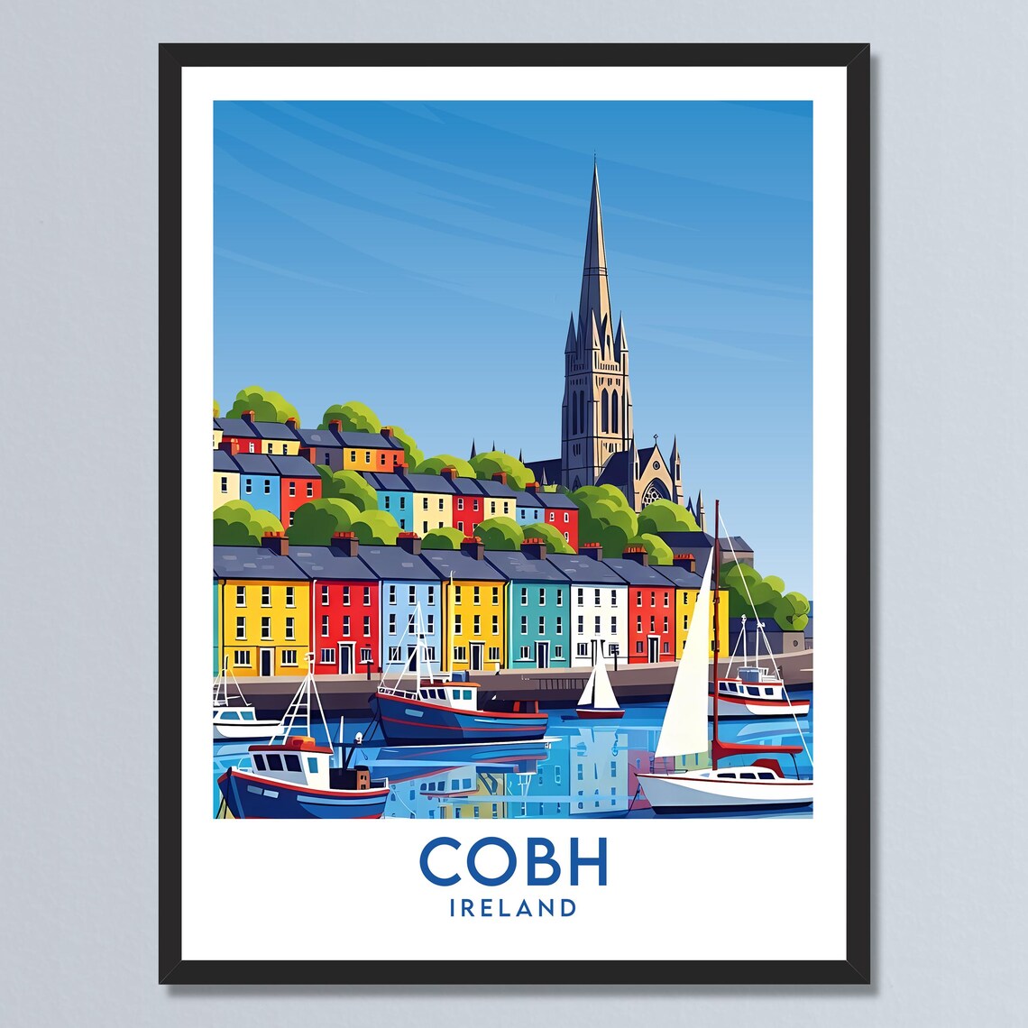 Cobh Ireland Harbor Town Church Spire and Boats Vintage Travel Poster
