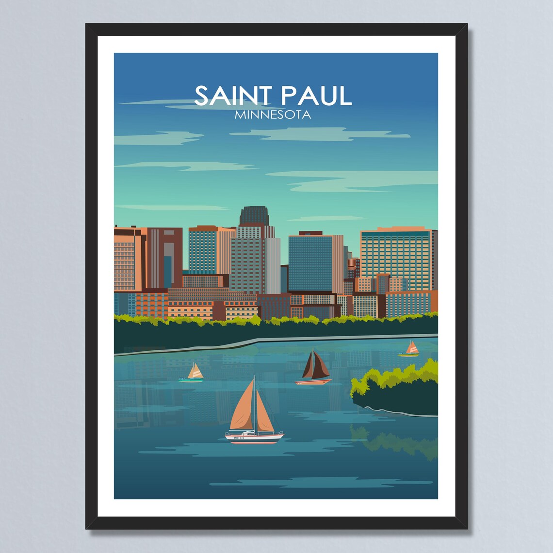 Saint Paul Minnesota Skyline River Sailing Sunset View Poster