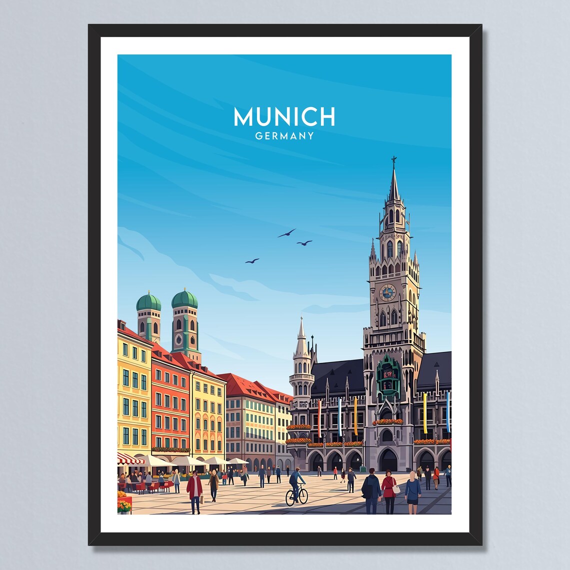 Munich Germany Marienplatz New Town Hall Retro Travel Poster