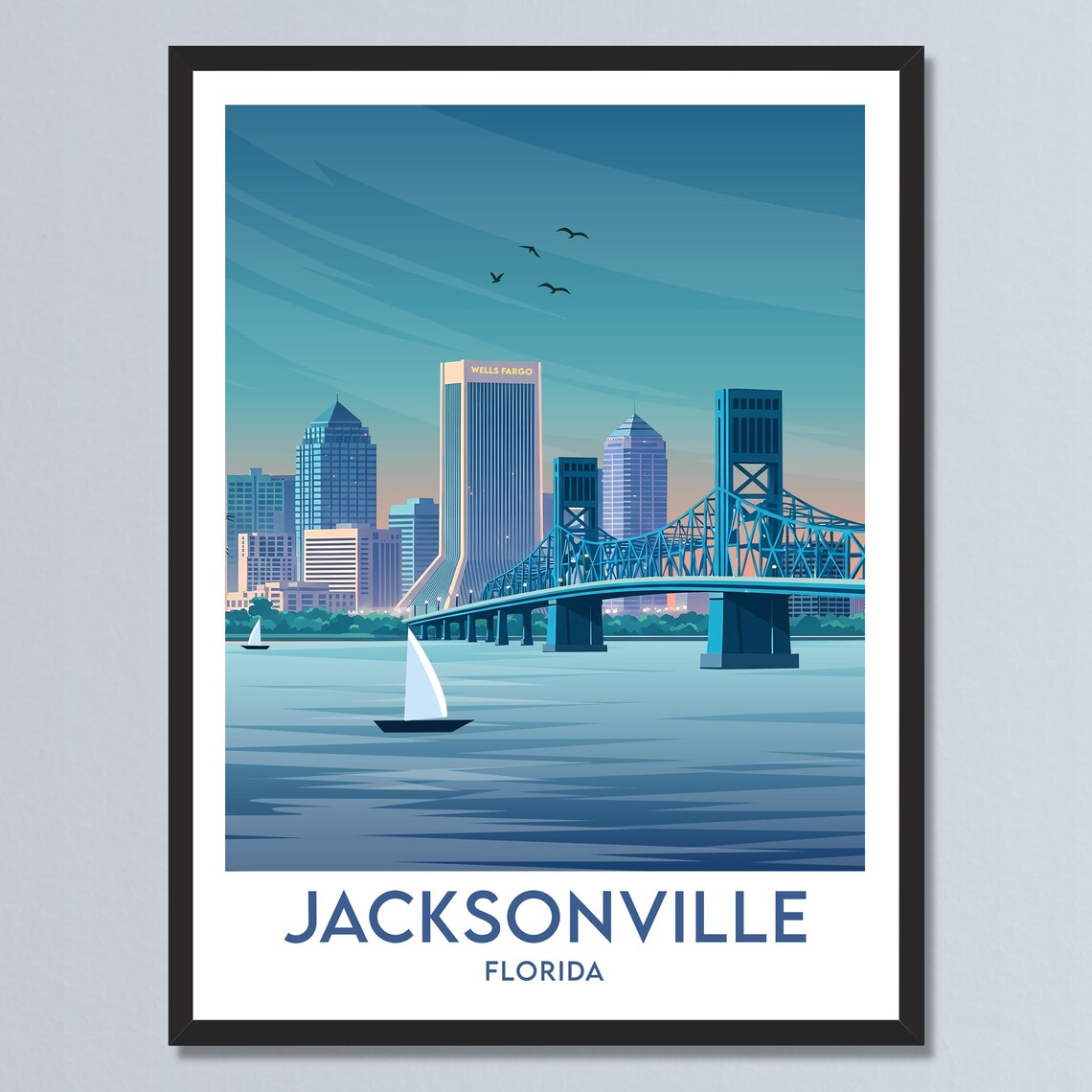 Jacksonville Florida Skyline and Main Street Bridge Travel Poster