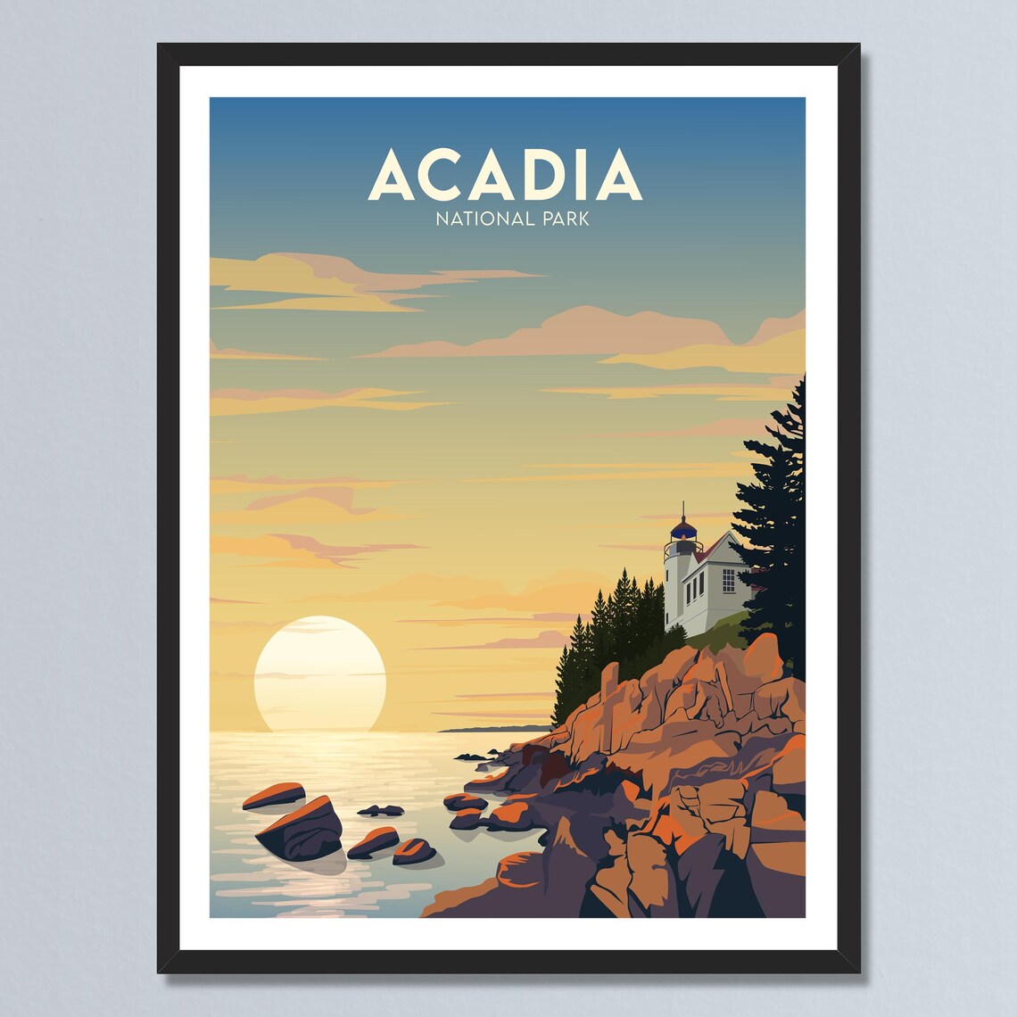Acadia National Park Lighthouse Sunset Coast Retro Travel Poster