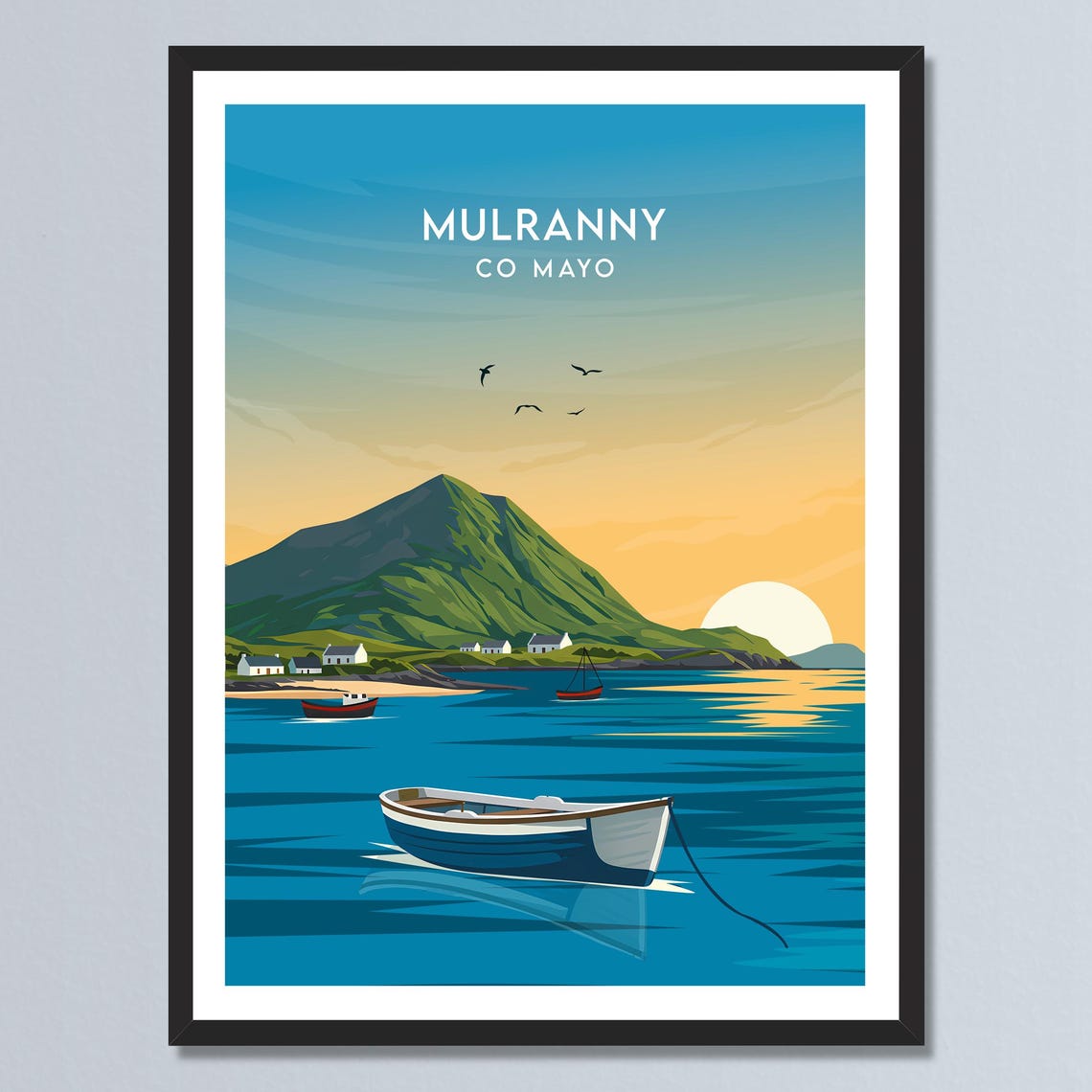 Mulranny County Mayo Ireland Coastal Mountain Sunset Boats Poster