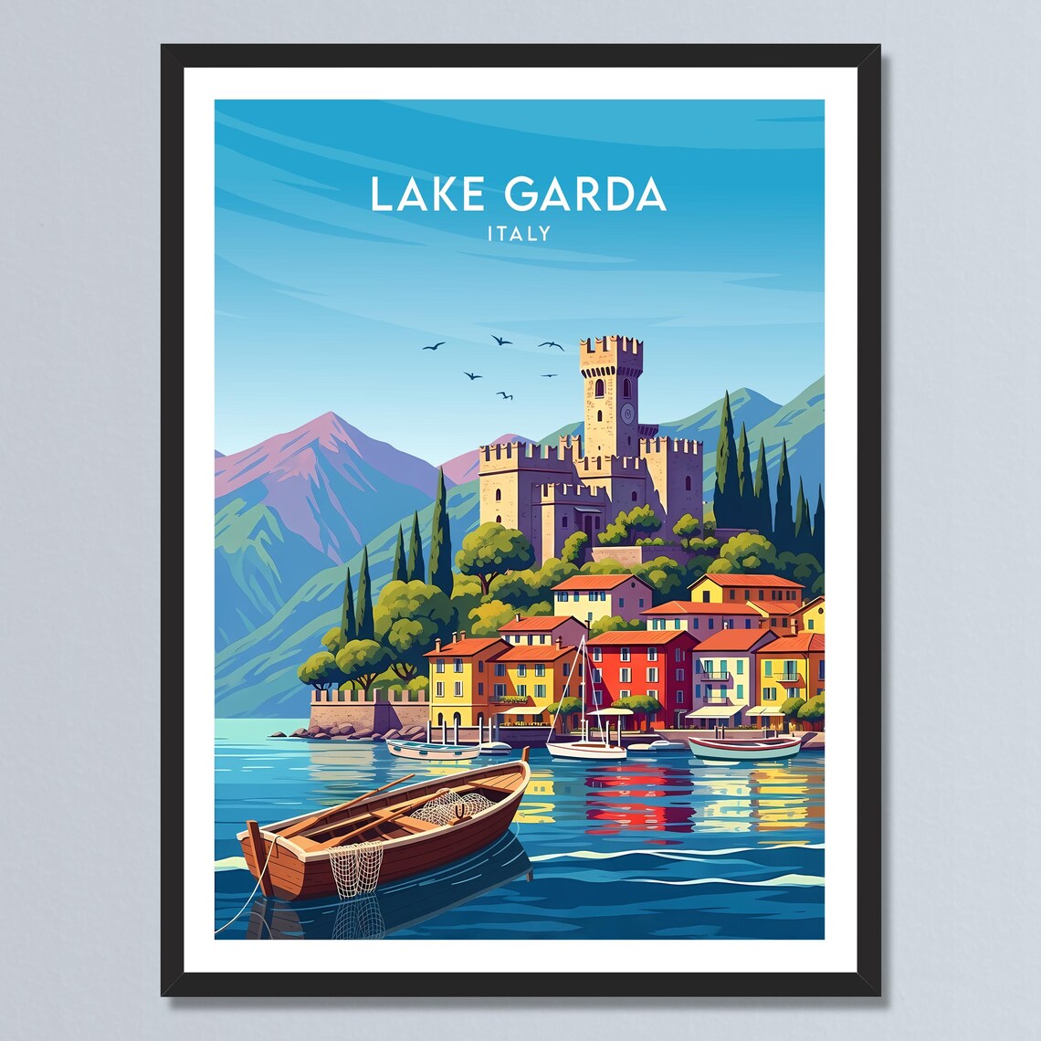 Lake Garda Italy Castle Waterfront Village Retro Travel Poster