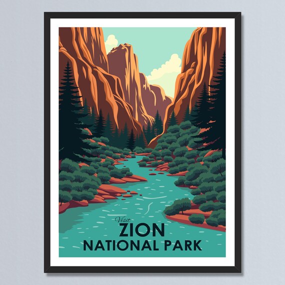 Zion National Park Red Rock Canyon River Retro Travel Poster