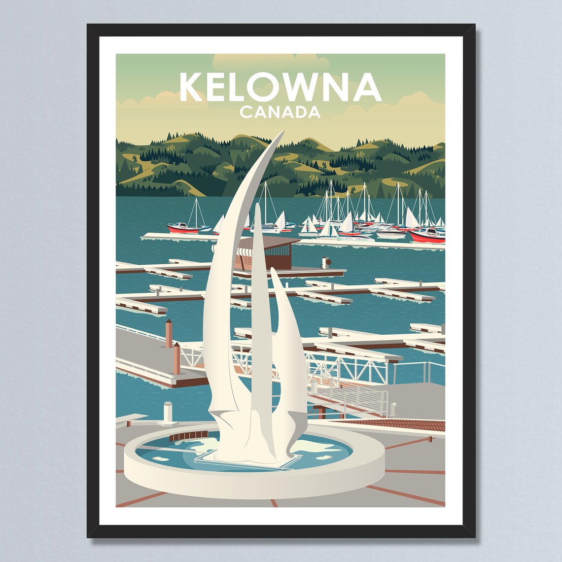 Kelowna Canada Marina with Sail Sculpture Vintage Travel Poster