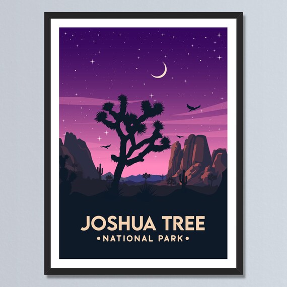 Joshua Tree National Park Starry Night Moon Desert Vintage Travel Poster
