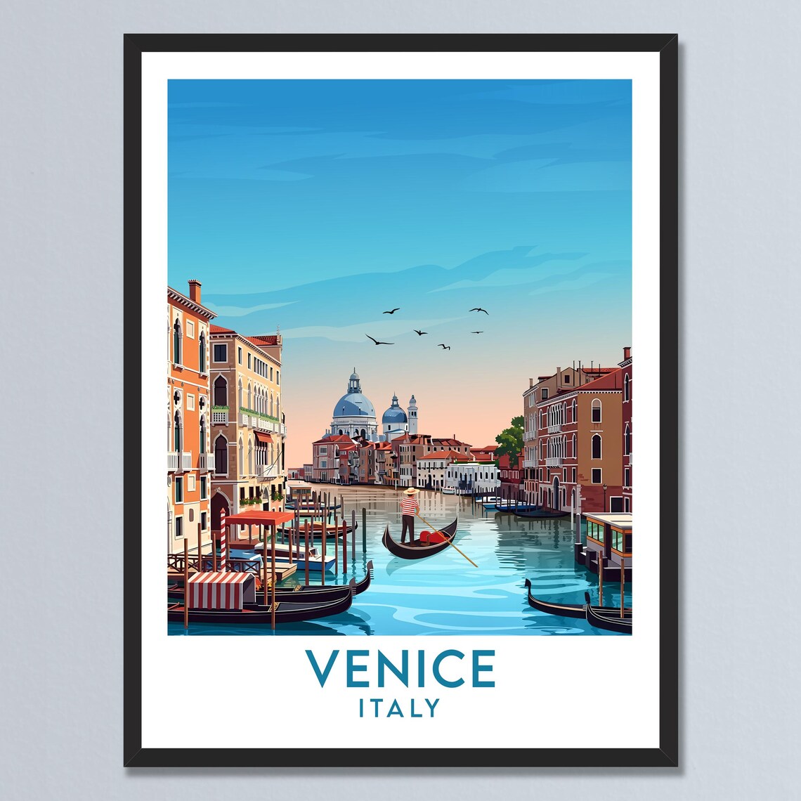 Venice Italy Canal Gondolas and Domed Basilica Vintage Travel Poster