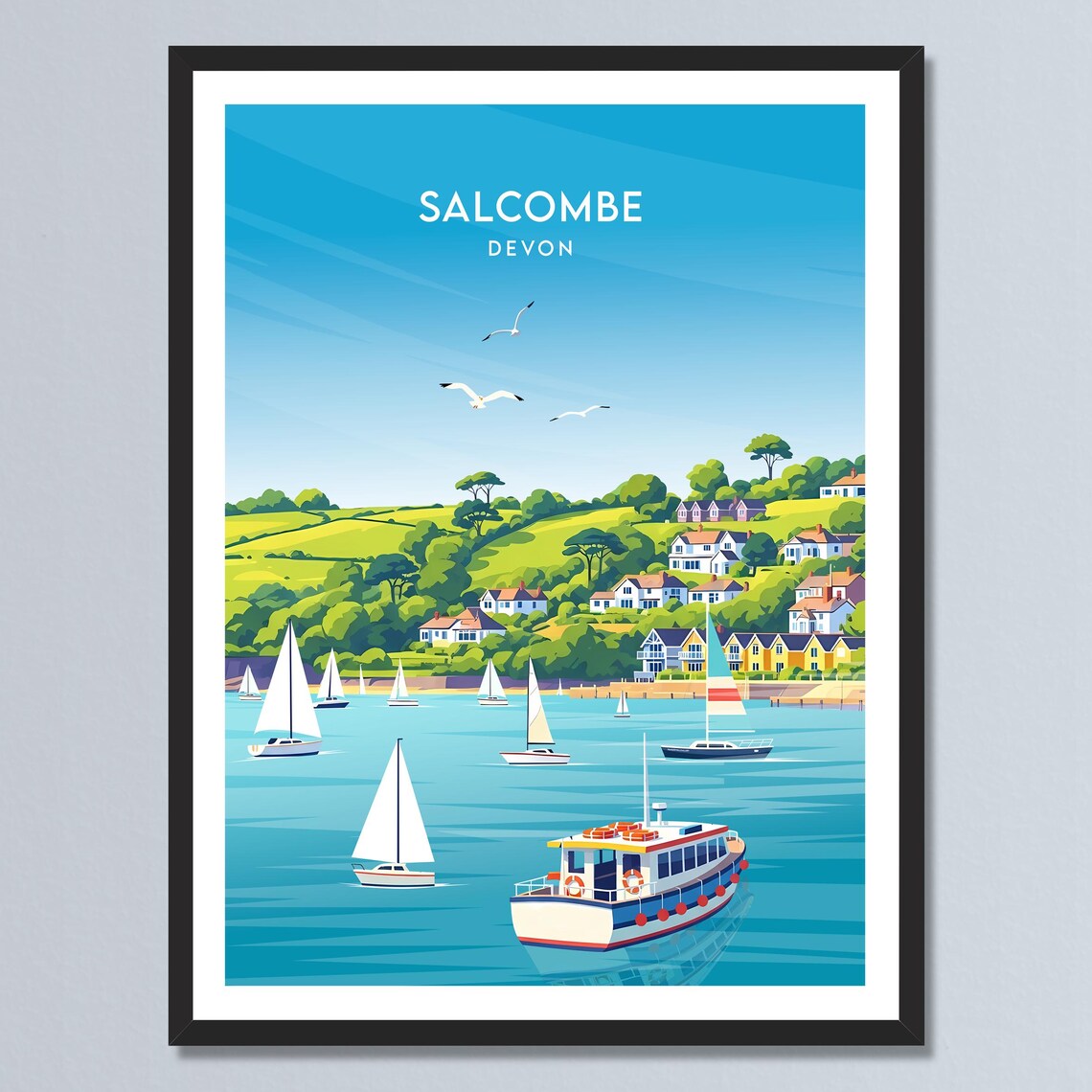 Salcombe Devon Coastal Harbor with Sailboats Vintage Travel Poster