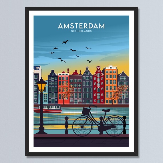 Amsterdam Netherlands Canal Houses Bicycle Sunset Cityscape Poster
