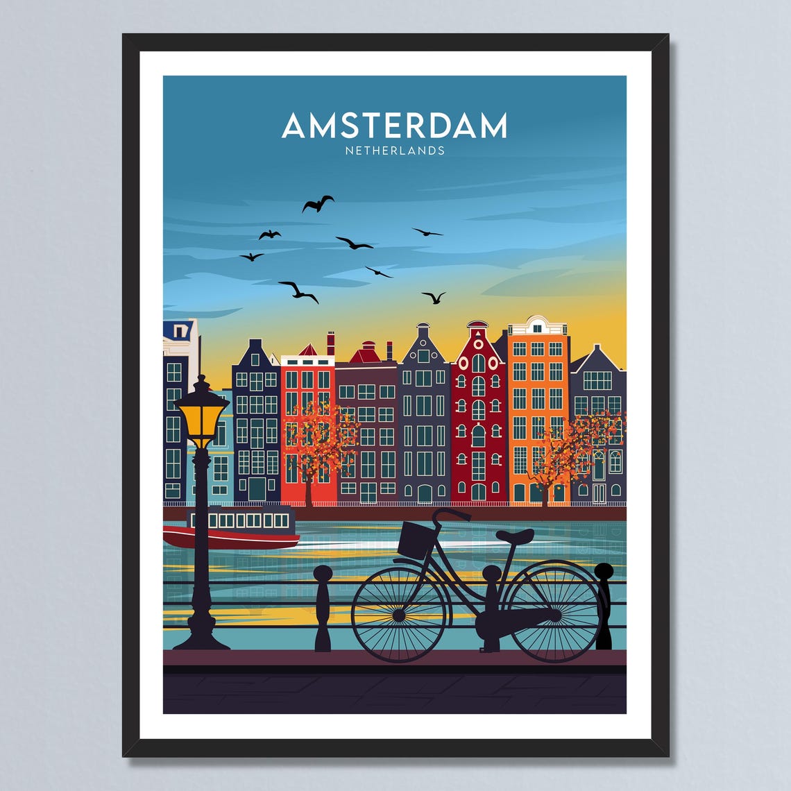 Amsterdam Netherlands Canal Houses Bicycle Sunset Cityscape Poster