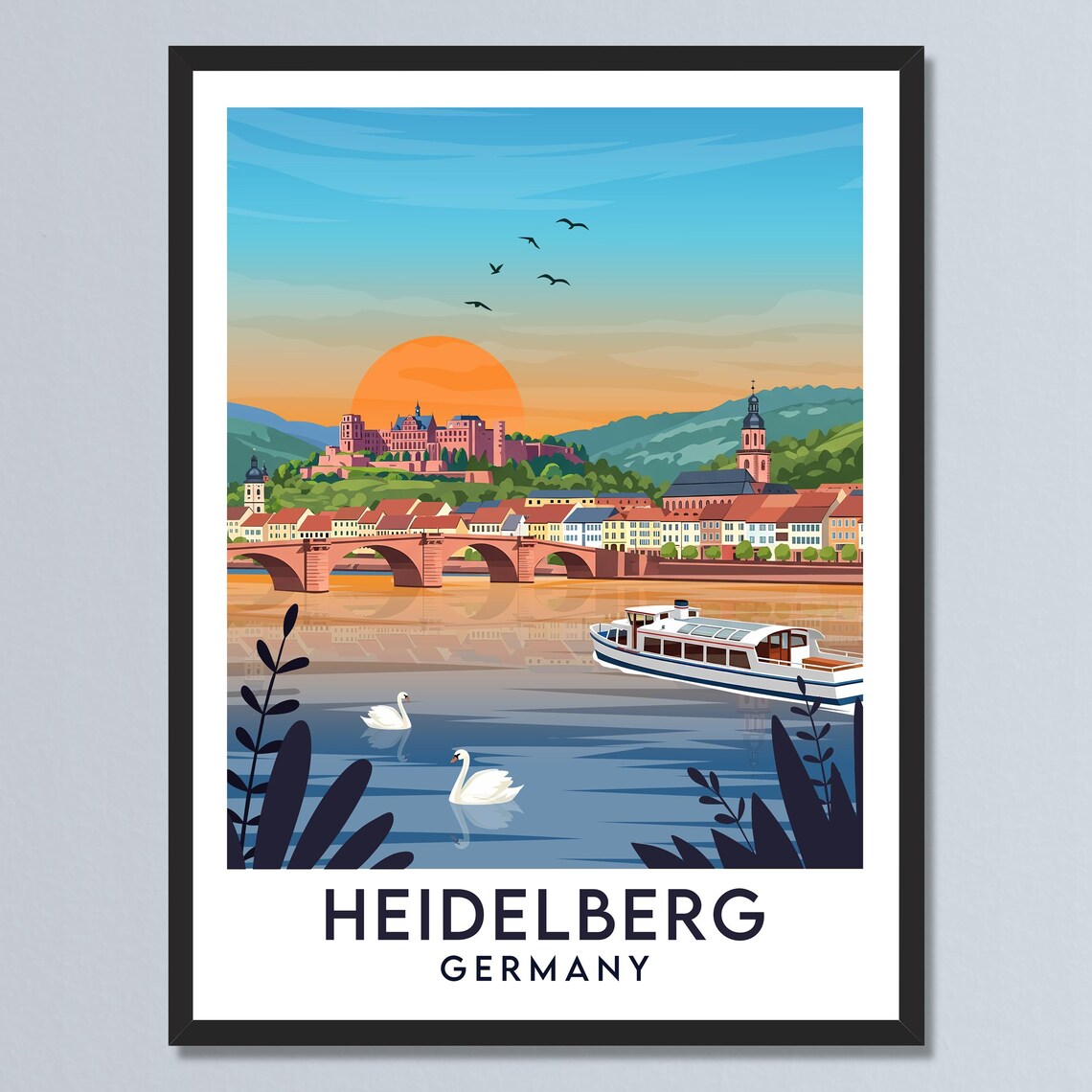 Heidelberg Germany River Sunset with Castle and Bridge Travel Poster