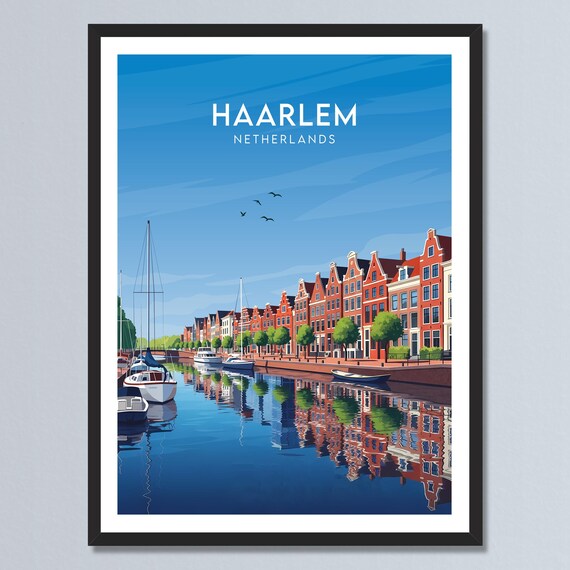 Haarlem Netherlands Harbor Canal with Sailboats Vintage Travel Poster