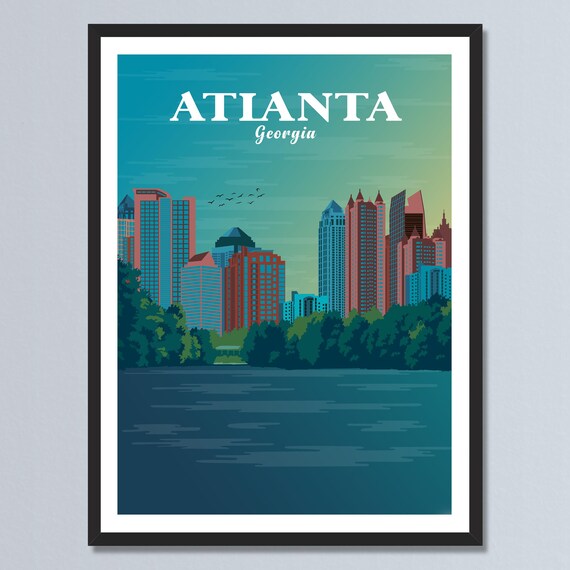 Atlanta Georgia Sunset Skyline Cityscape Retro Travel Poster